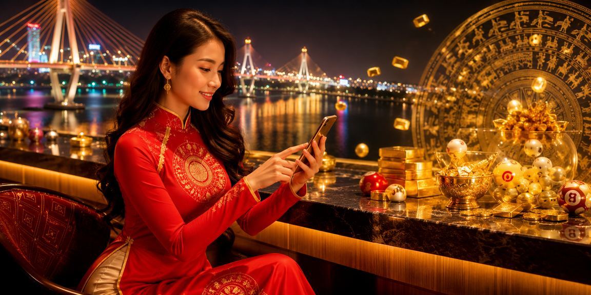 Người phụ nữ áo dài tại Cần Thơ xem kết quả xổ số và kiểm tra tài khoản thưởng